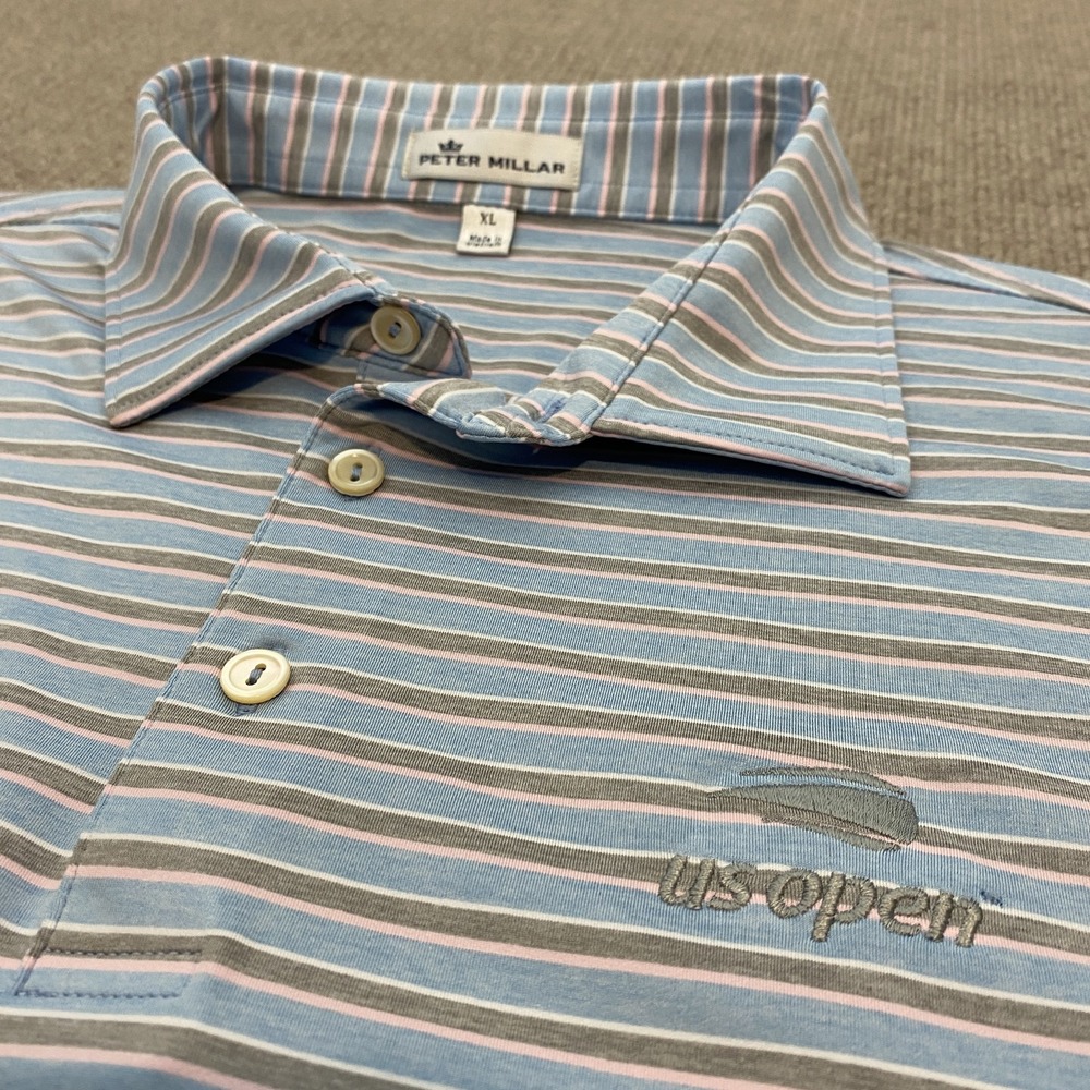 Peter Millar Polo Shirt US Open Shirt Mens XL Blue Striped Tennis Performance